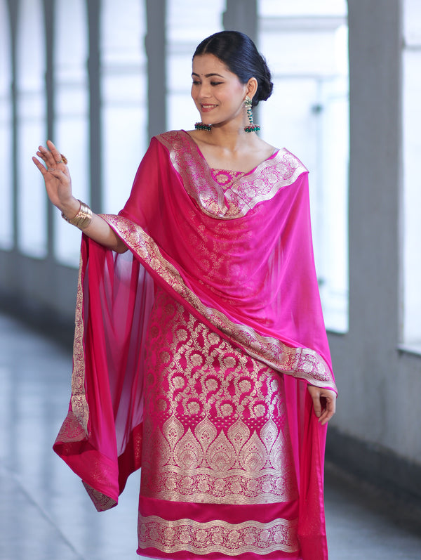 Banarasee Satin Silk Zari Work Salwar Kameez Fabric With Chiffon Dupatta Set-Pink