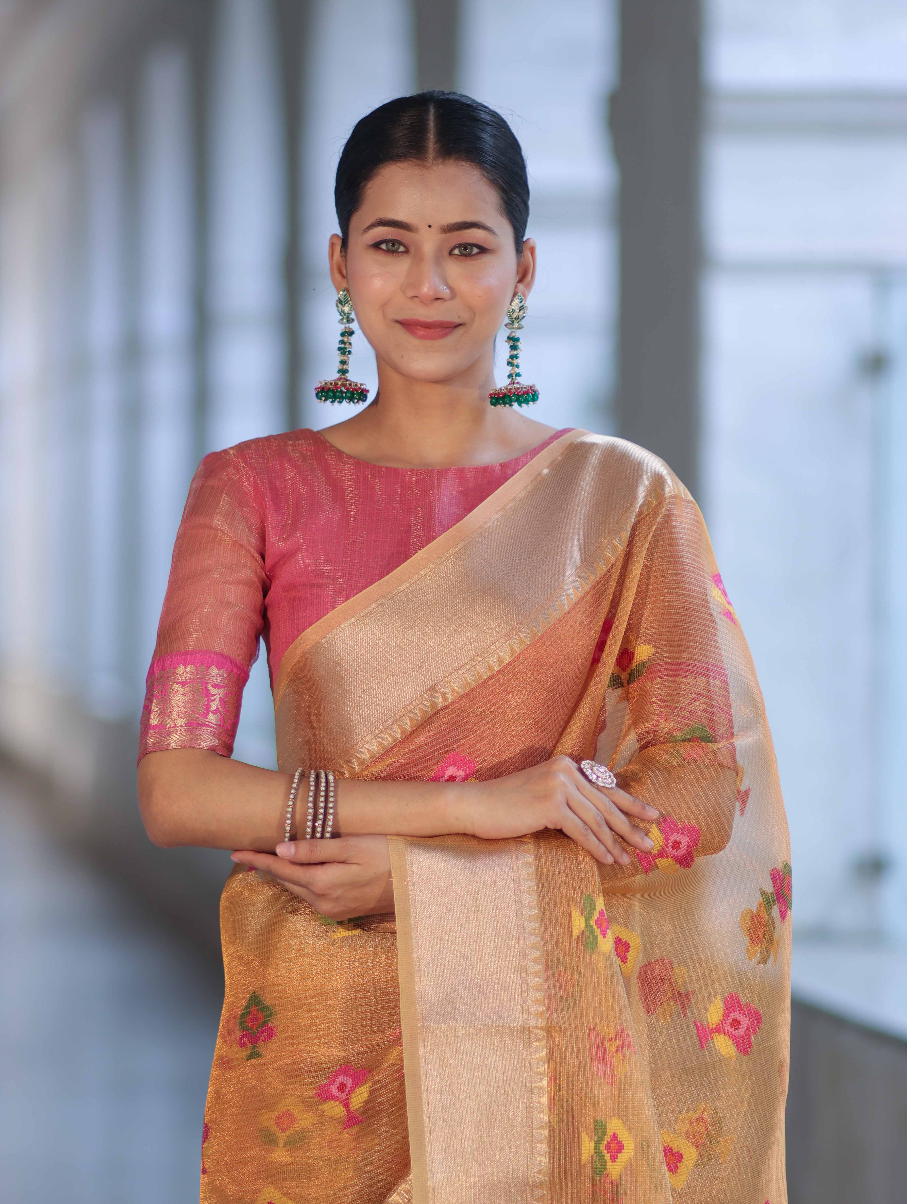 Banarasee Handloom Tissue Saree With Thread Embroidery & Contrast Pallu-Yellow & Pink