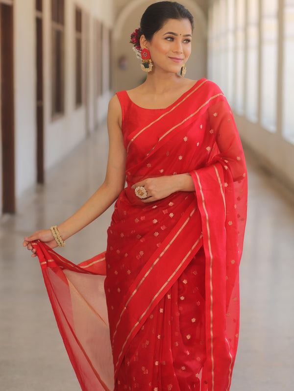Banarasee Organza Saree With Zari Buti & Satin Border-Red