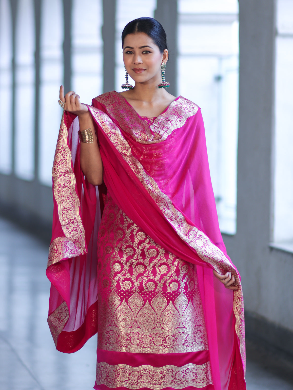 Banarasee Satin Silk Zari Work Salwar Kameez Fabric With Chiffon Dupatta Set-Pink
