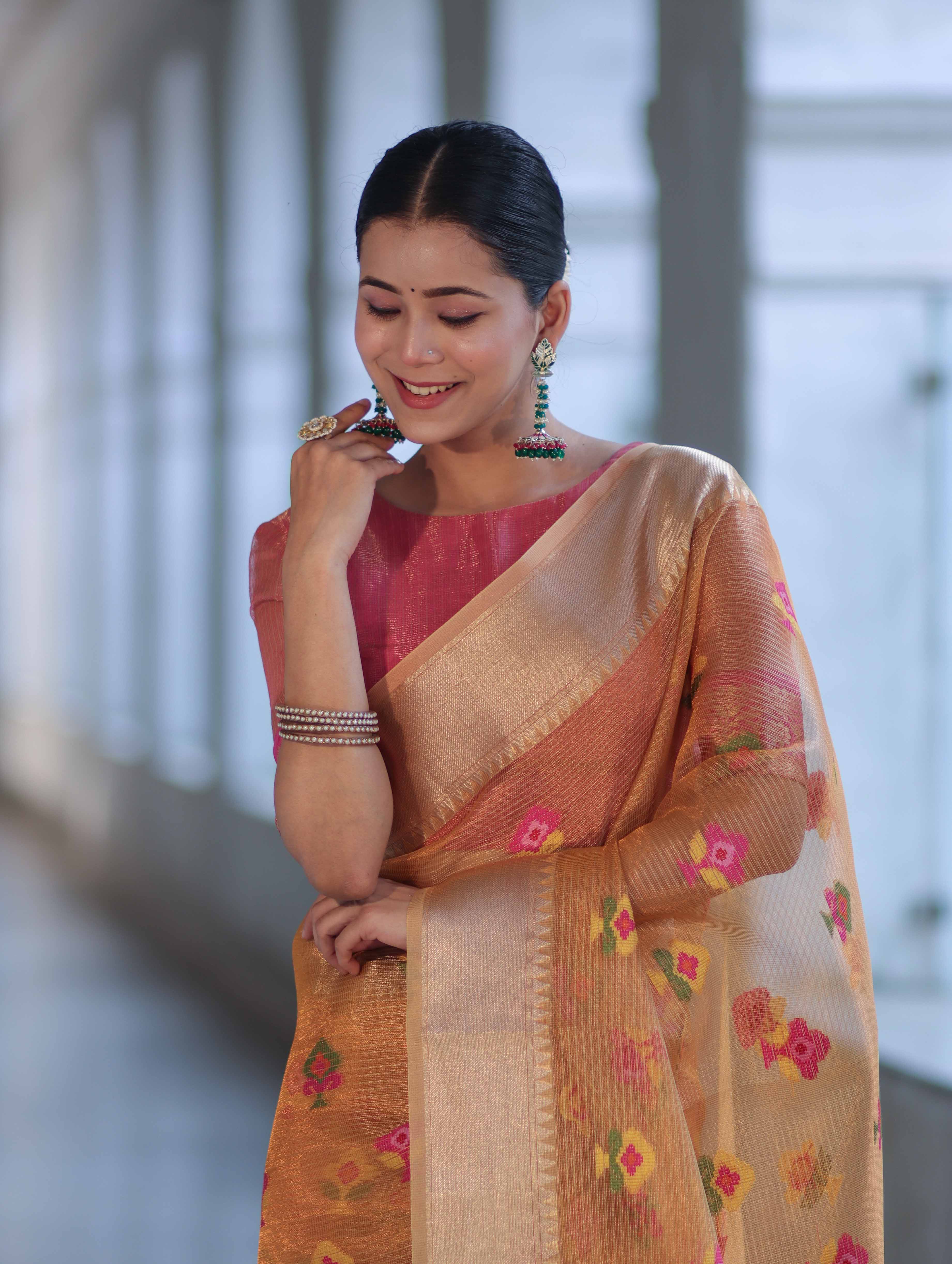 Banarasee Handloom Tissue Saree With Thread Embroidery & Contrast Pallu-Yellow & Pink