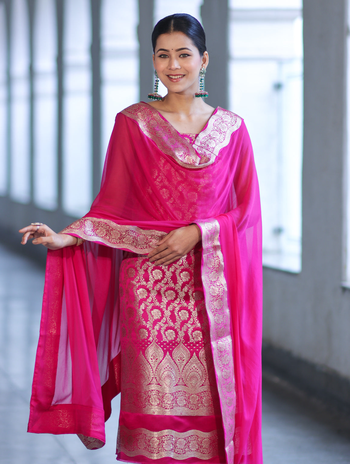 Banarasee Satin Silk Zari Work Salwar Kameez Fabric With Chiffon Dupatta Set-Pink