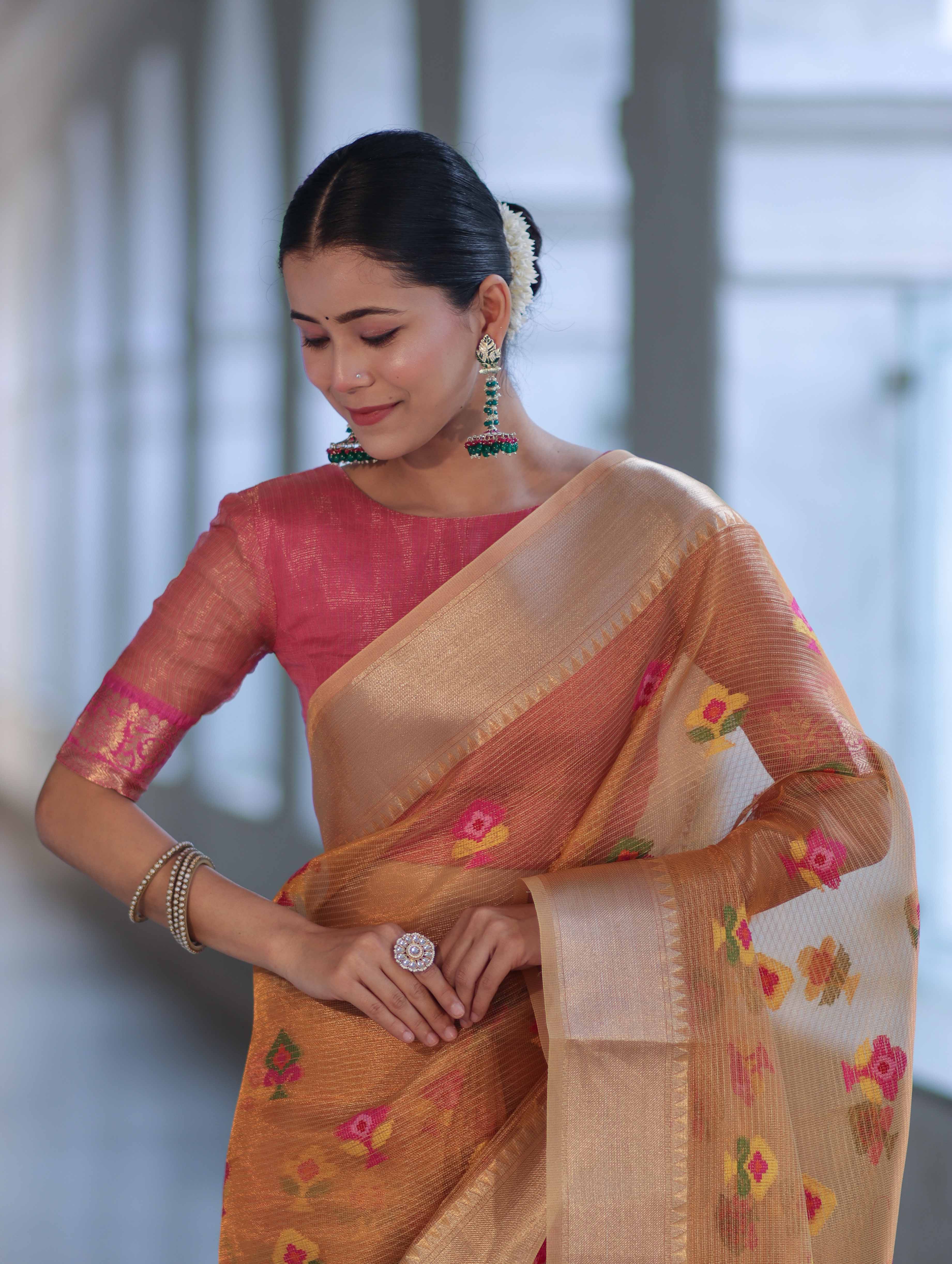 Banarasee Handloom Tissue Saree With Thread Embroidery & Contrast Pallu-Yellow & Pink