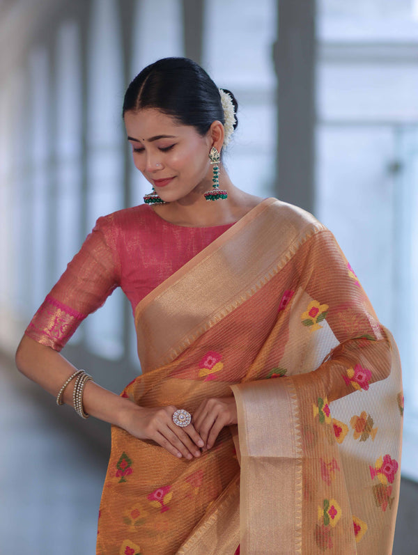 Banarasee Handloom Tissue Saree With Thread Embroidery & Contrast Pallu-Yellow & Pink