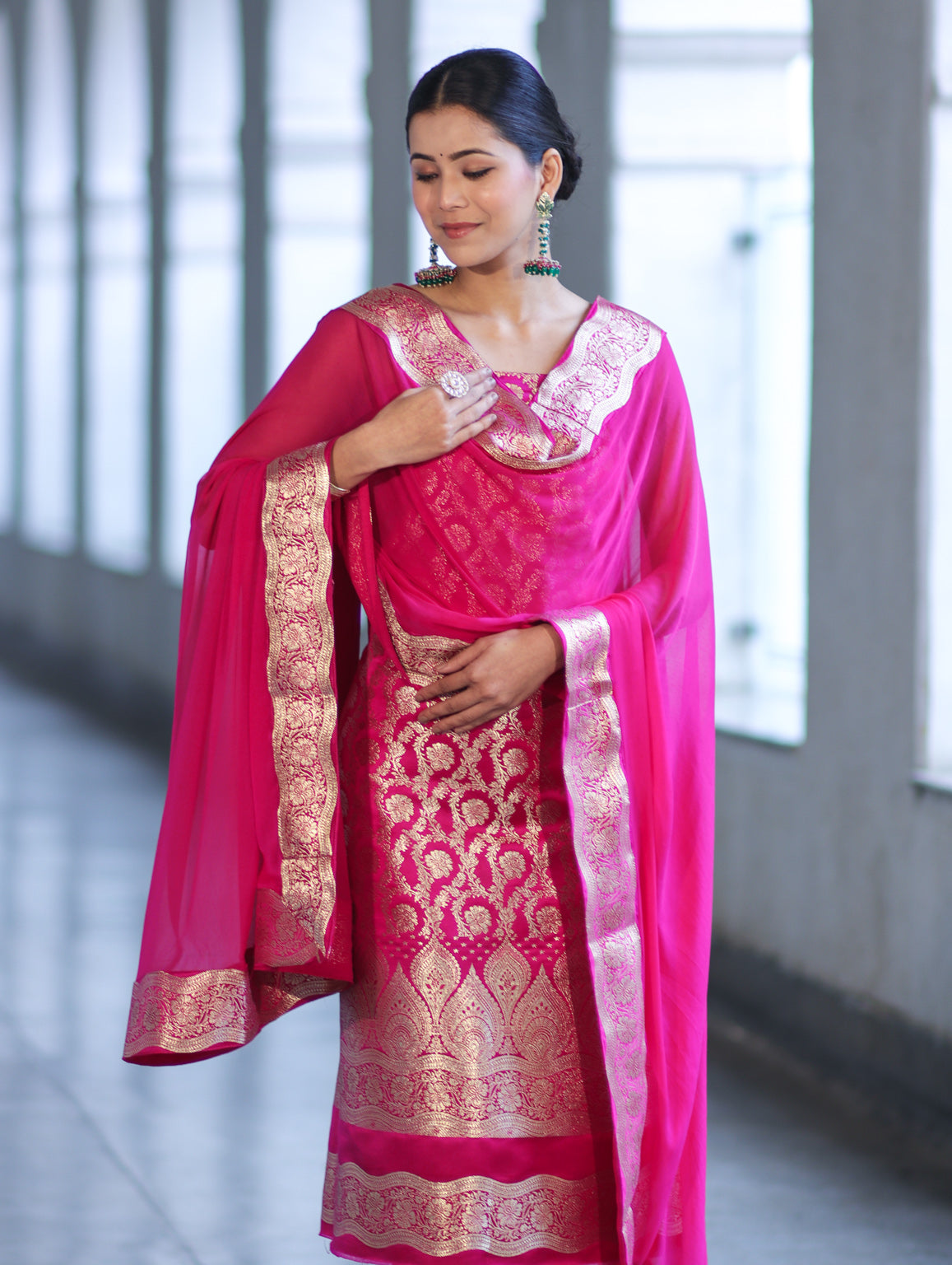Banarasee Satin Silk Zari Work Salwar Kameez Fabric With Chiffon Dupatta Set-Pink