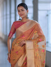 Banarasee Handloom Tissue Saree With Thread Embroidery & Contrast Pallu-Yellow & Pink