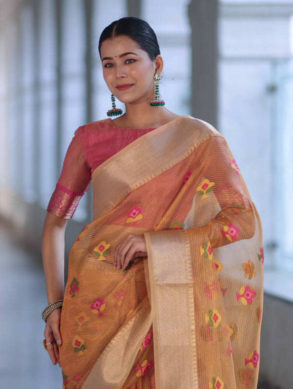 Banarasee Handloom Tissue Saree With Thread Embroidery & Contrast Pallu-Yellow & Pink