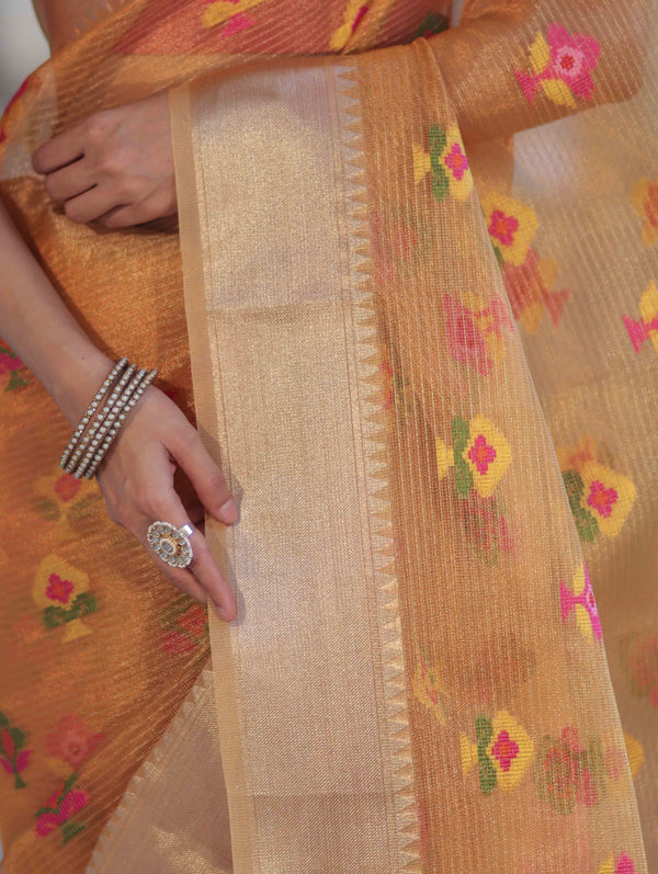 Banarasee Handloom Tissue Saree With Thread Embroidery & Contrast Pallu-Yellow & Pink