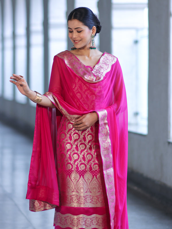 Banarasee Satin Silk Zari Work Salwar Kameez Fabric With Chiffon Dupatta Set-Pink