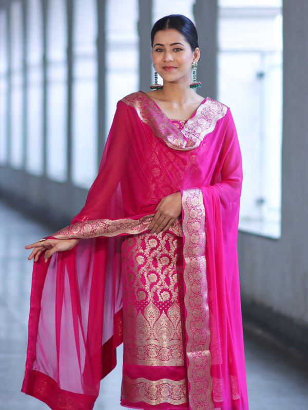 Banarasee Satin Silk Zari Work Salwar Kameez Fabric With Chiffon Dupatta Set-Pink