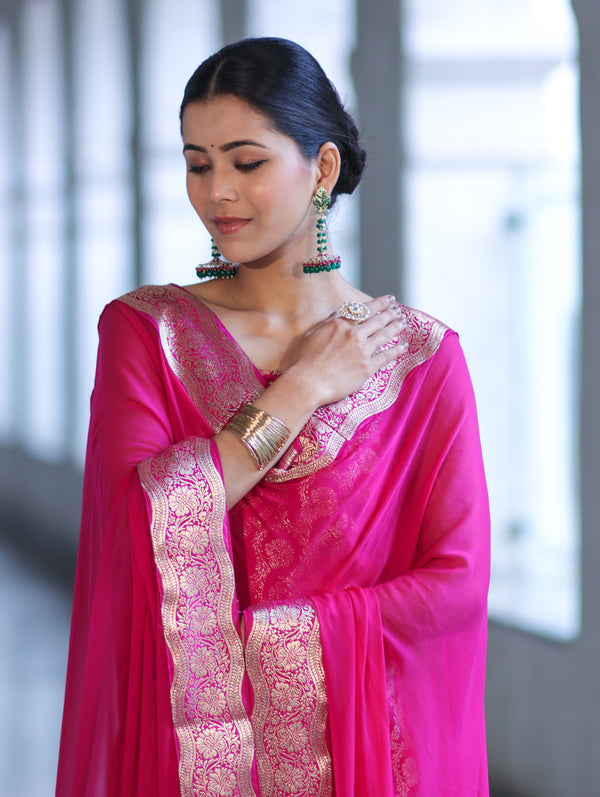 Banarasee Satin Silk Zari Work Salwar Kameez Fabric With Chiffon Dupatta Set-Pink