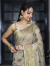 Banarasee Handloom Cotton Silk Saree With Antique Zari Buta Work & Border-Grey