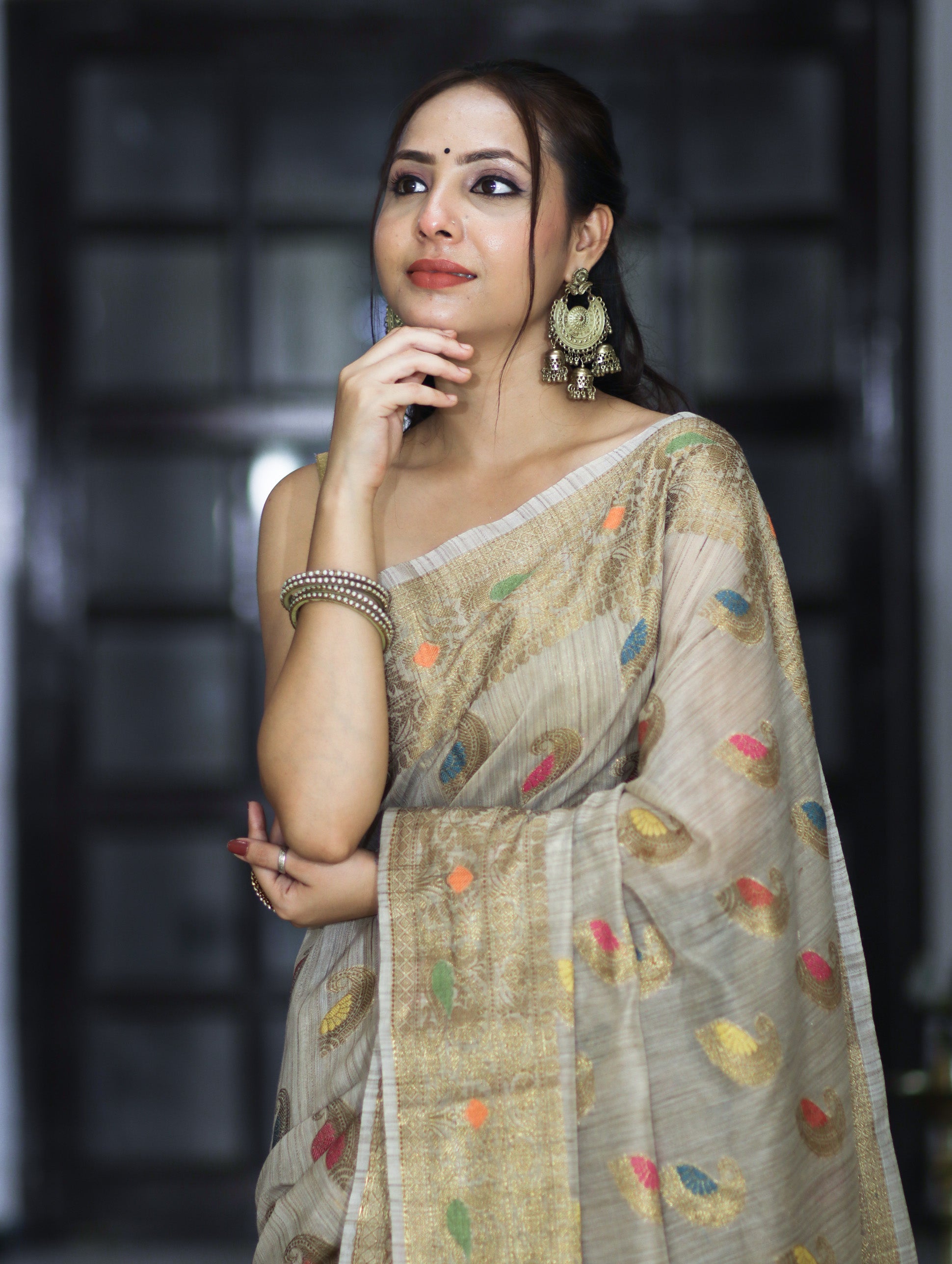 Banarasee Handloom Cotton Silk Saree With Antique Zari Buta Work & Border-Grey