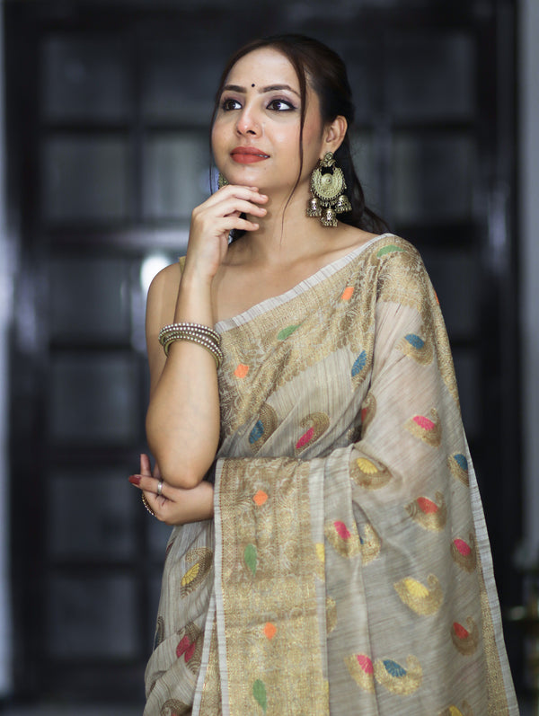Banarasee Handloom Cotton Silk Saree With Antique Zari Buta Work & Border-Grey