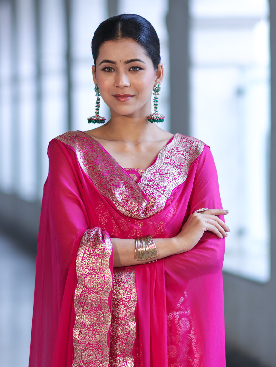 Banarasee Satin Silk Zari Work Salwar Kameez Fabric With Chiffon Dupatta Set-Pink