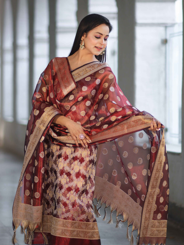 Banarasee Tissue Zari Work Salwar Kameez Fabric With Dupatta Set-Maroon