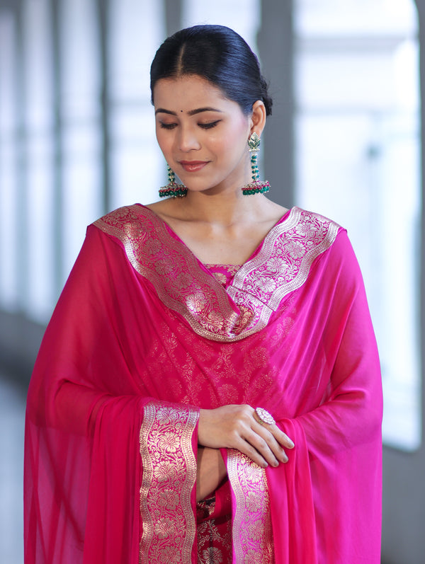 Banarasee Satin Silk Zari Work Salwar Kameez Fabric With Chiffon Dupatta Set-Pink