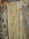 Banarasee Handloom Cotton Silk Saree With Antique Zari Buta Work & Border-Grey