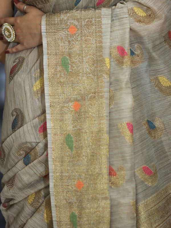 Banarasee Handloom Cotton Silk Saree With Antique Zari Buta Work & Border-Grey