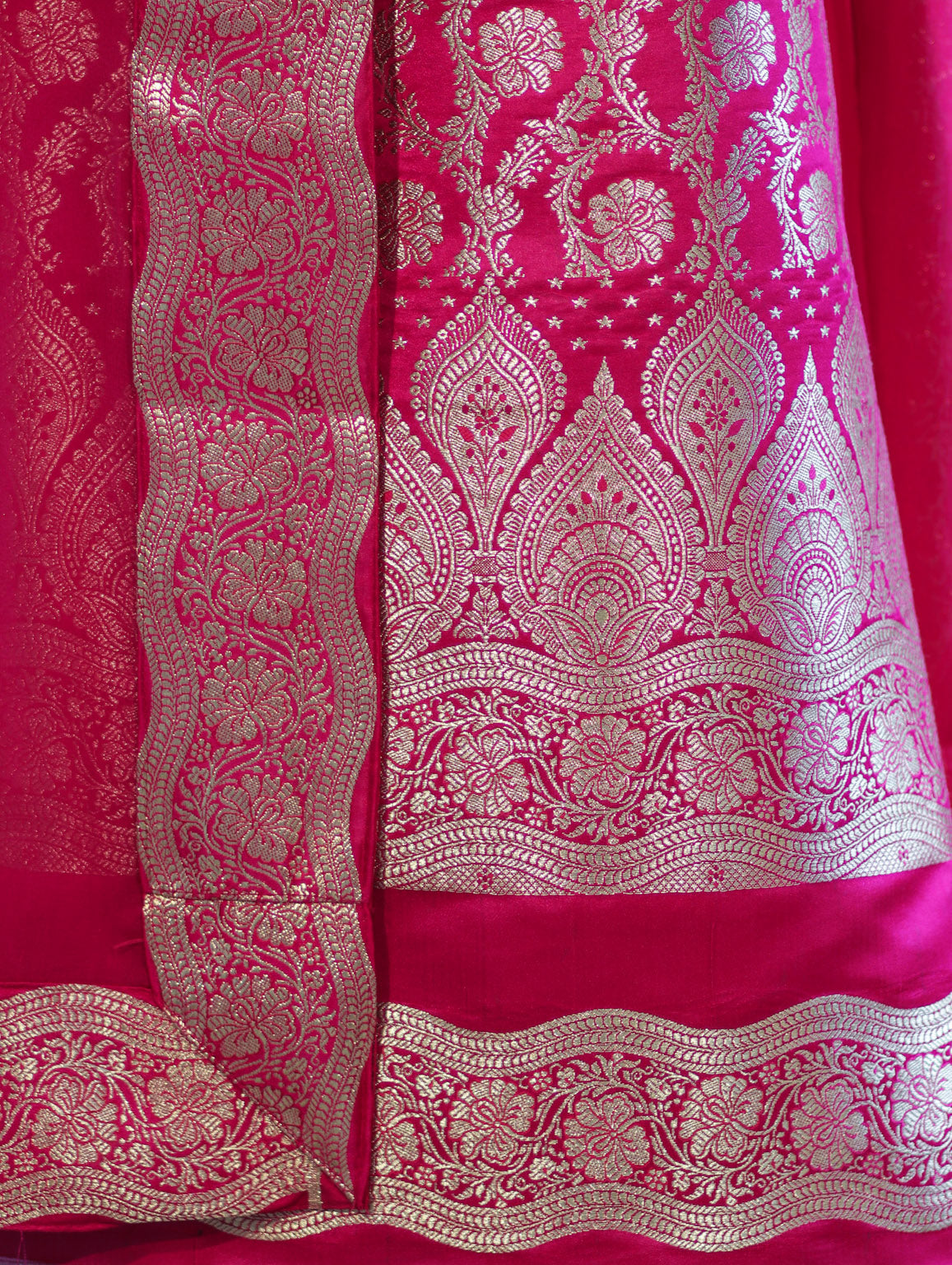 Banarasee Satin Silk Zari Work Salwar Kameez Fabric With Chiffon Dupatta Set-Pink