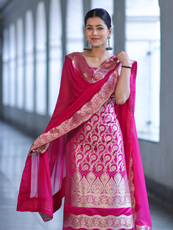 Banarasee Satin Silk Zari Work Salwar Kameez Fabric With Chiffon Dupatta Set-Pink