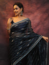 Banarasee Tissue Organza Saree With Handwork & Contrast Blouse-Blue