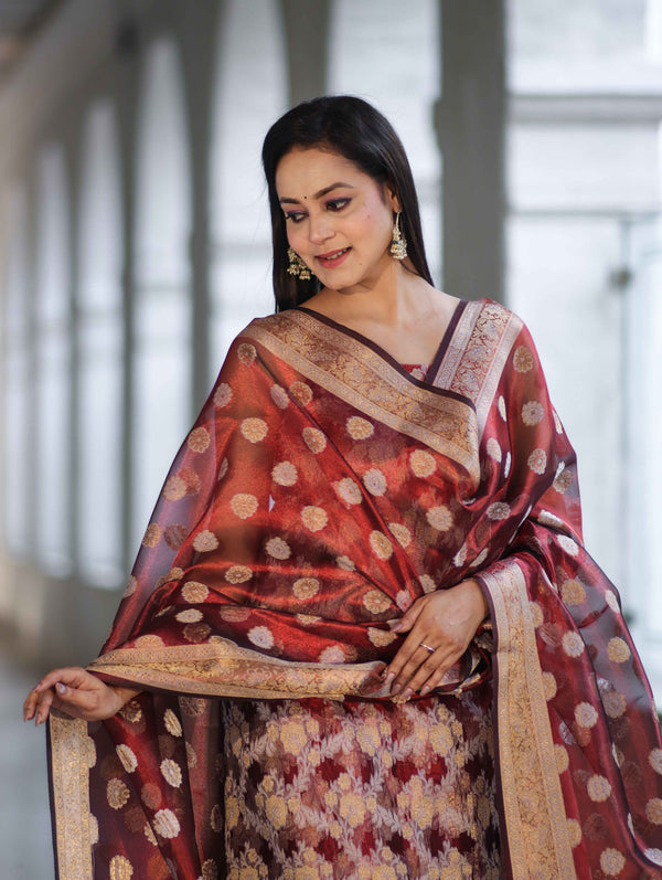 Banarasee Tissue Zari Work Salwar Kameez Fabric With Dupatta Set-Maroon