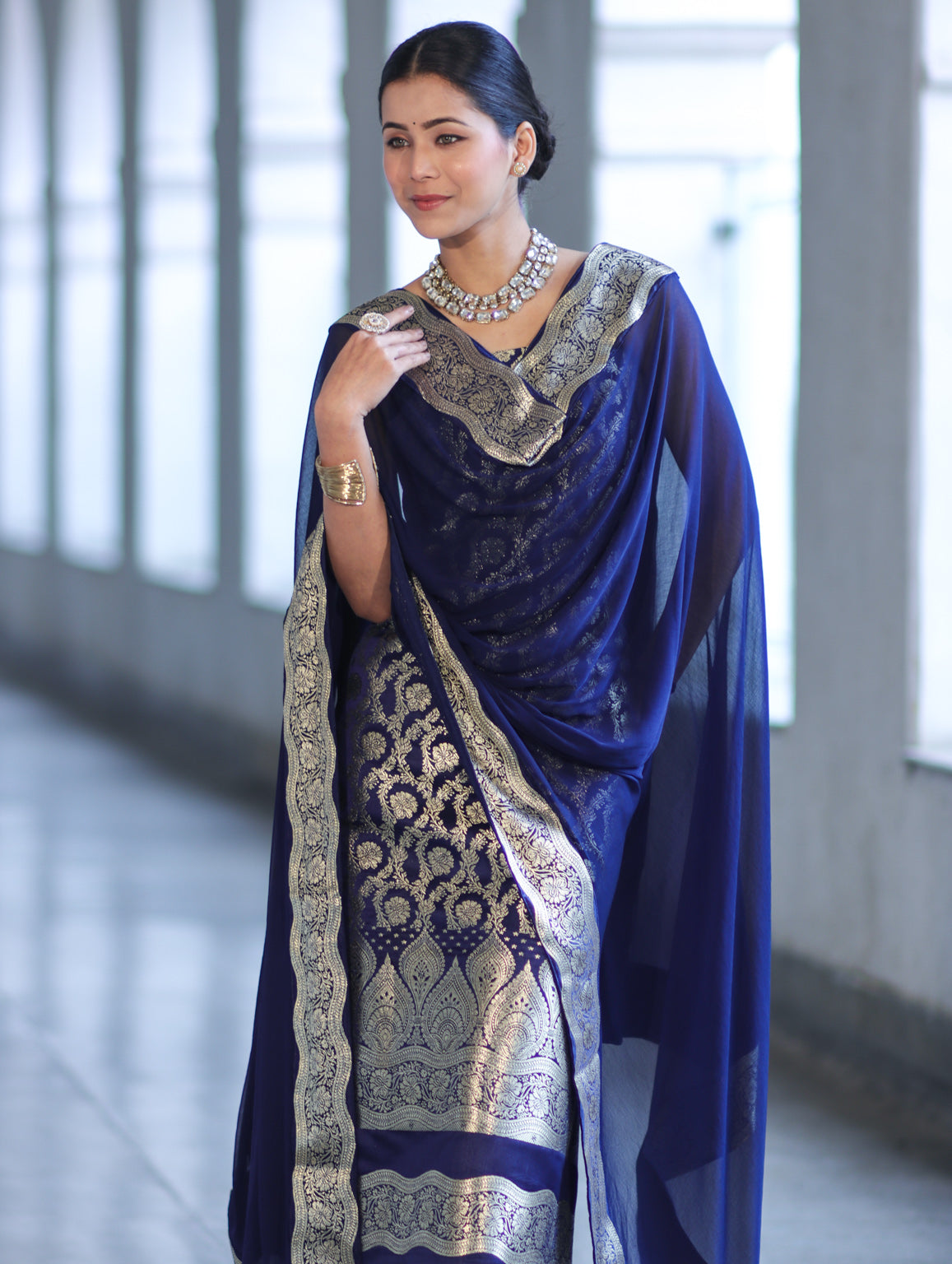 Banarasee Satin Silk Zari Work Salwar Kameez Fabric With Chiffon Dupatta Set-Navy Blue