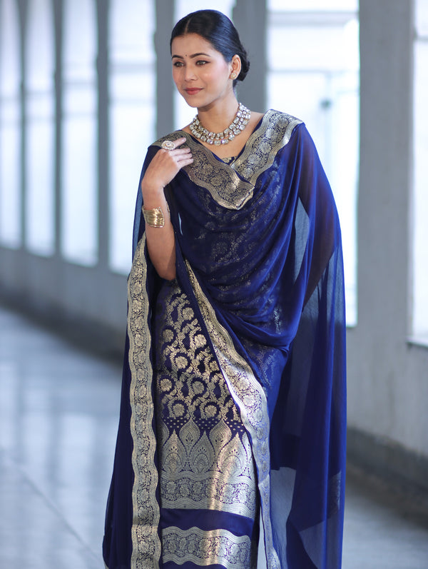 Banarasee Satin Silk Zari Work Salwar Kameez Fabric With Chiffon Dupatta Set-Navy Blue