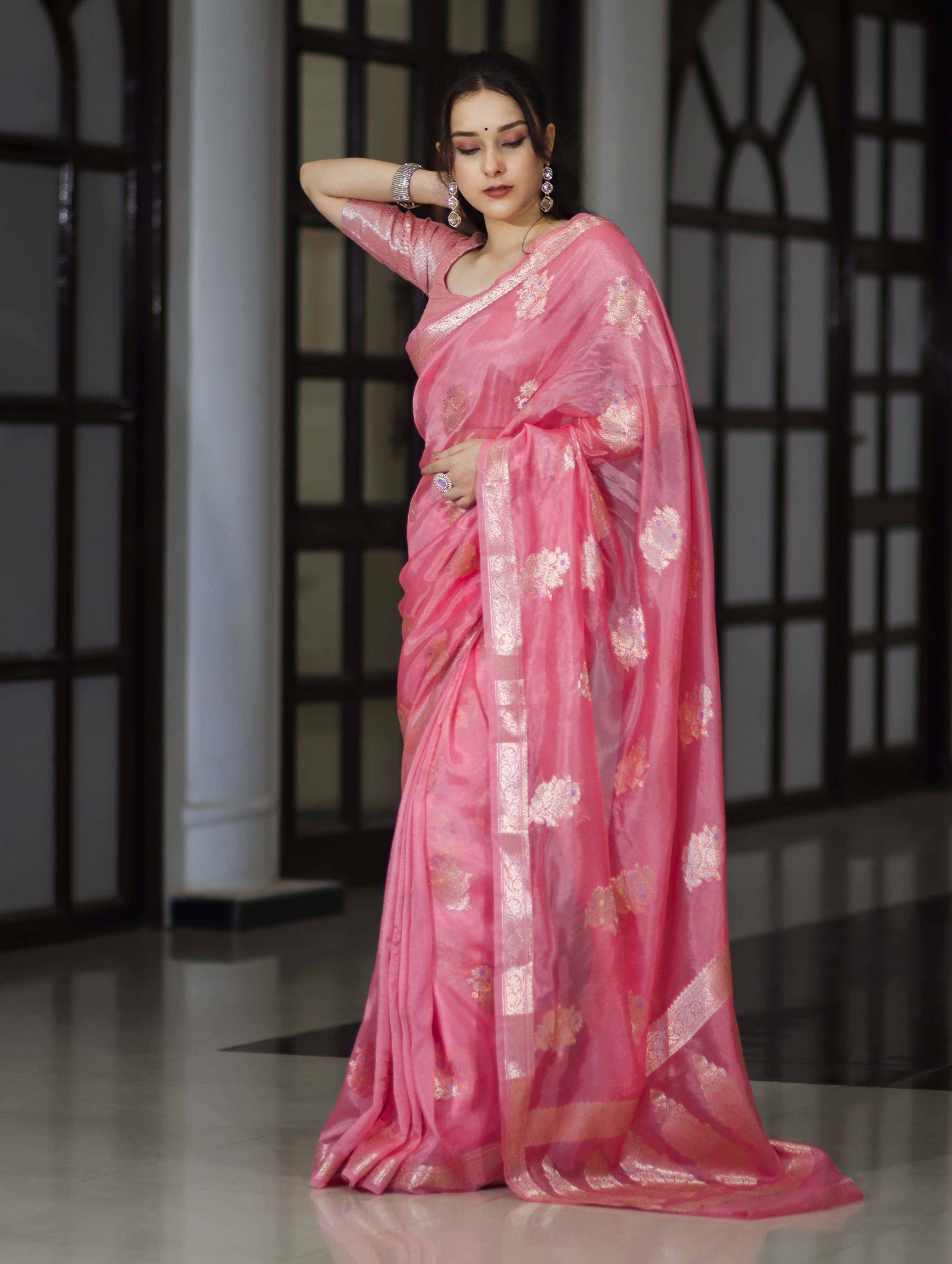 Banarasee Handloom Dupion Silk Saree With Zari Floral Buta Design & Border-Peachy Pink