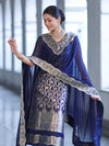Banarasee Satin Silk Zari Work Salwar Kameez Fabric With Chiffon Dupatta Set-Navy Blue