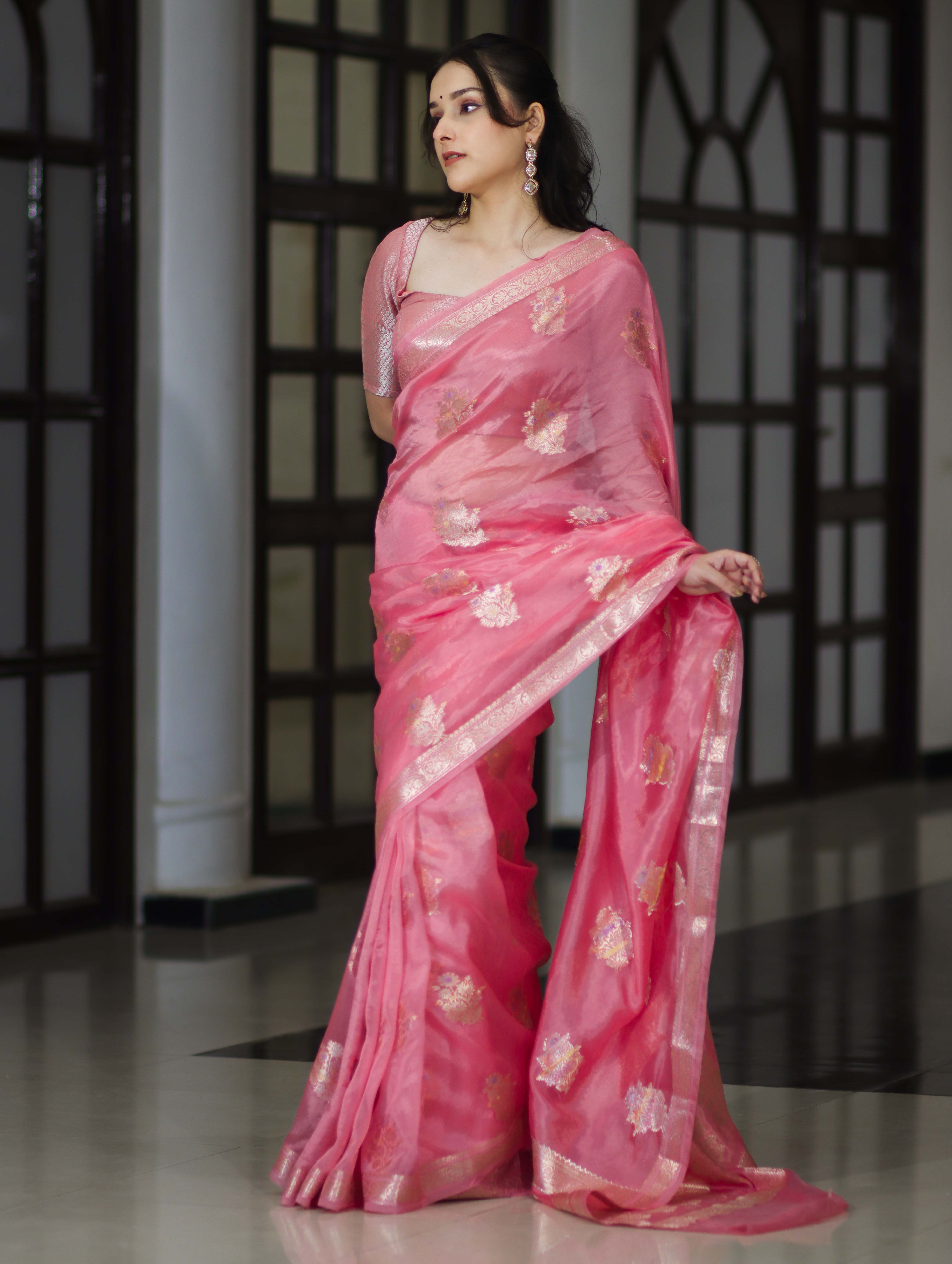 Banarasee Handloom Dupion Silk Saree With Zari Floral Buta Design & Border-Peachy Pink