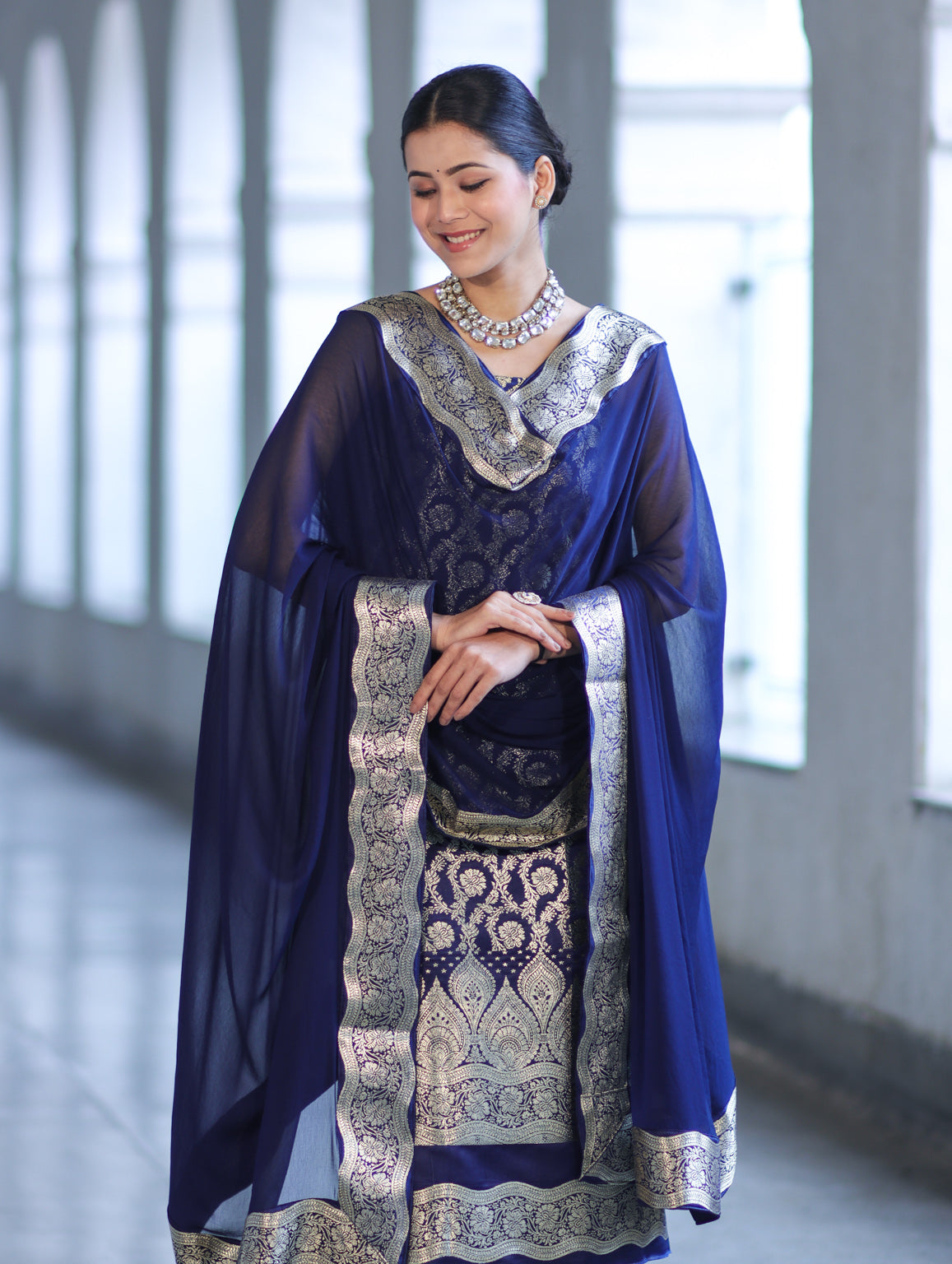 Banarasee Satin Silk Zari Work Salwar Kameez Fabric With Chiffon Dupatta Set-Navy Blue