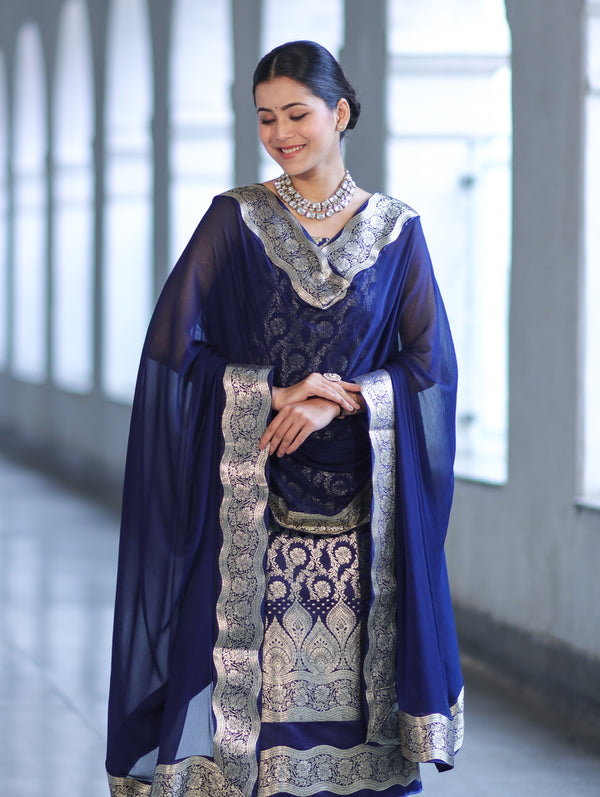 Banarasee Satin Silk Zari Work Salwar Kameez Fabric With Chiffon Dupatta Set-Navy Blue