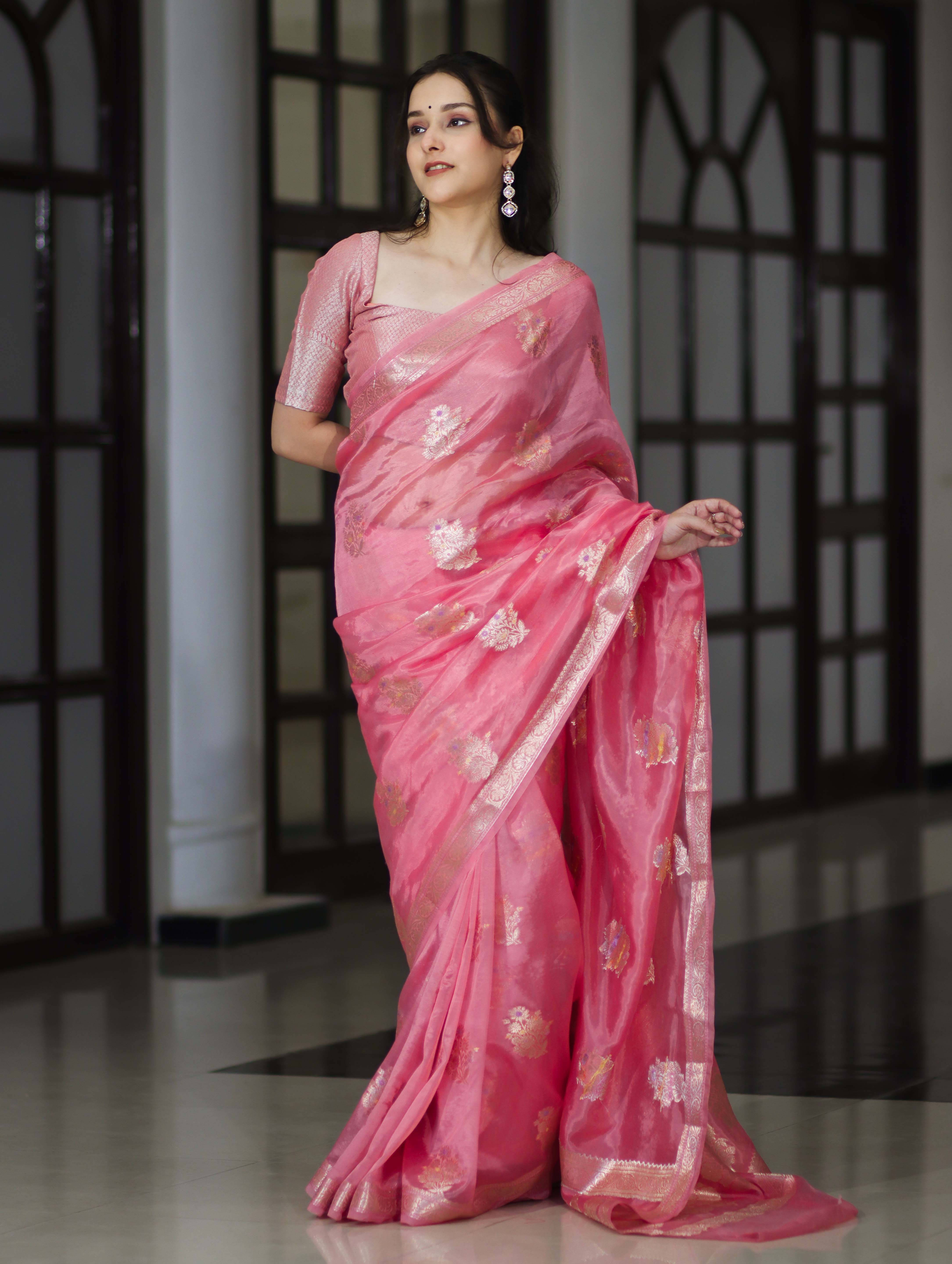 Banarasee Handloom Dupion Silk Saree With Zari Floral Buta Design & Border-Peachy Pink