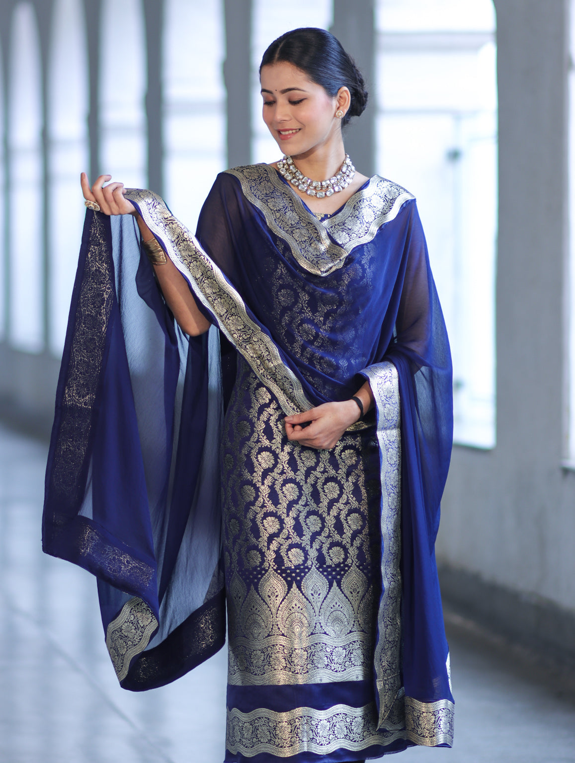 Banarasee Satin Silk Zari Work Salwar Kameez Fabric With Chiffon Dupatta Set-Navy Blue