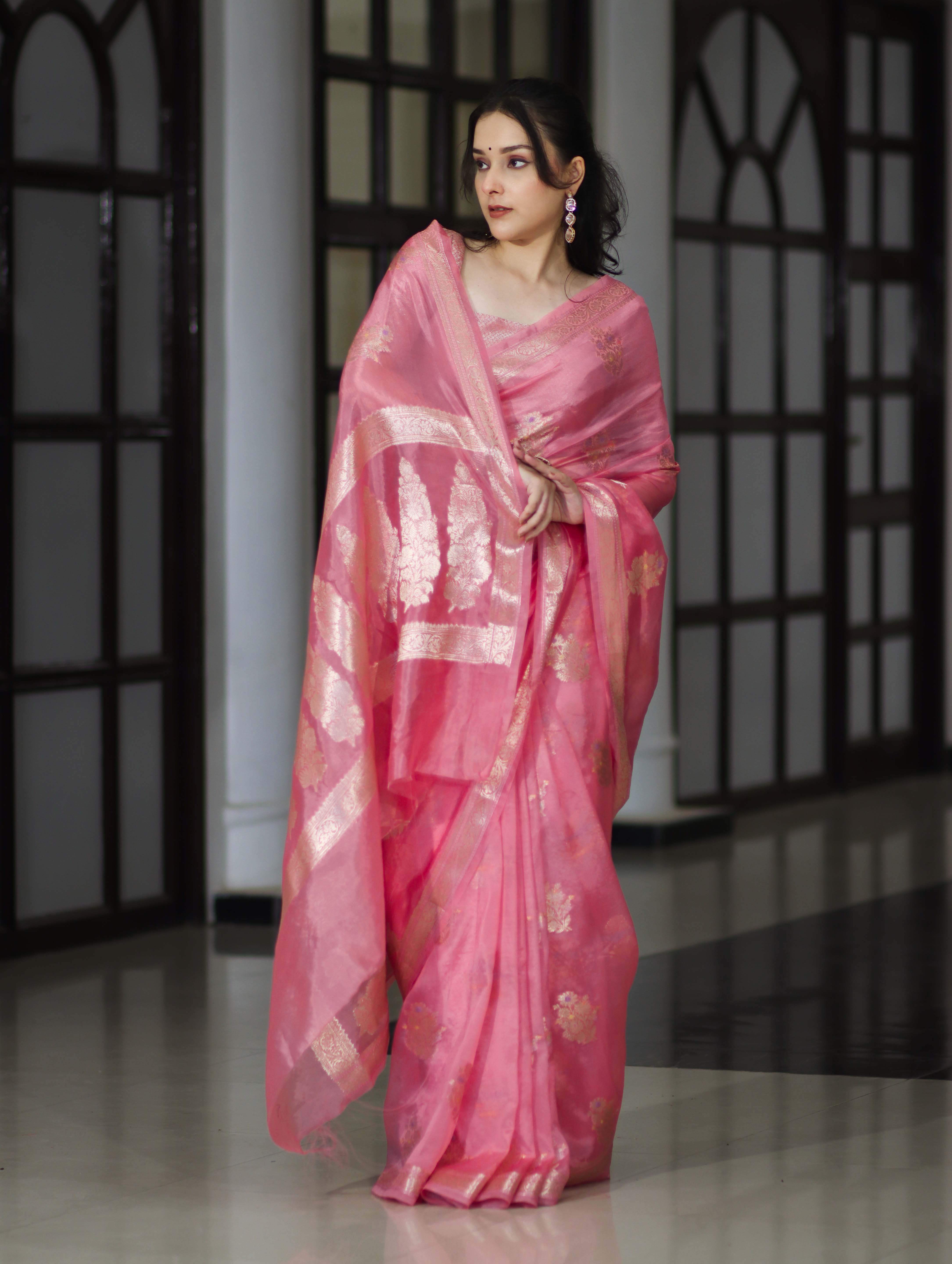 Banarasee Handloom Dupion Silk Saree With Zari Floral Buta Design & Border-Peachy Pink