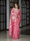 Banarasee Handloom Dupion Silk Saree With Zari Floral Buta Design & Border-Peachy Pink