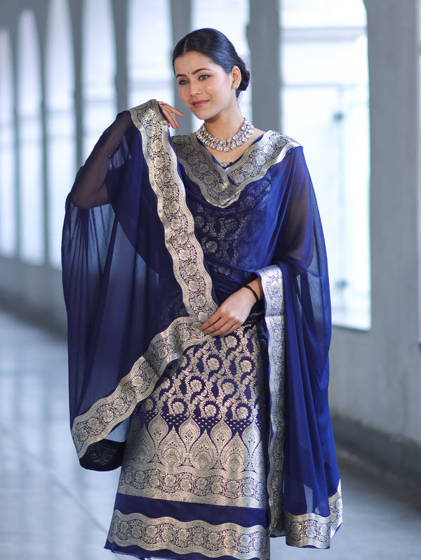 Banarasee Satin Silk Zari Work Salwar Kameez Fabric With Chiffon Dupatta Set-Navy Blue