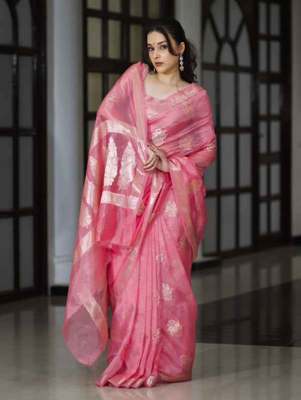 Banarasee Handloom Dupion Silk Saree With Zari Floral Buta Design & Border-Peachy Pink