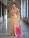 Banarasee Handloom Tissue Saree With Thread Embroidery & Contrast Pallu-Gold & Pink