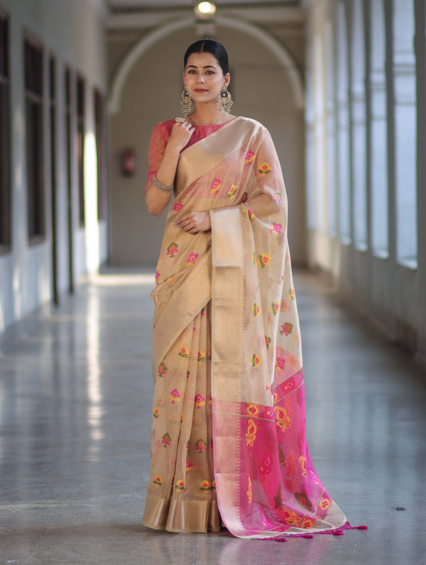 Banarasee Handloom Tissue Saree With Thread Embroidery & Contrast Pallu-Gold & Pink