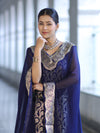 Banarasee Satin Silk Zari Work Salwar Kameez Fabric With Chiffon Dupatta Set-Navy Blue