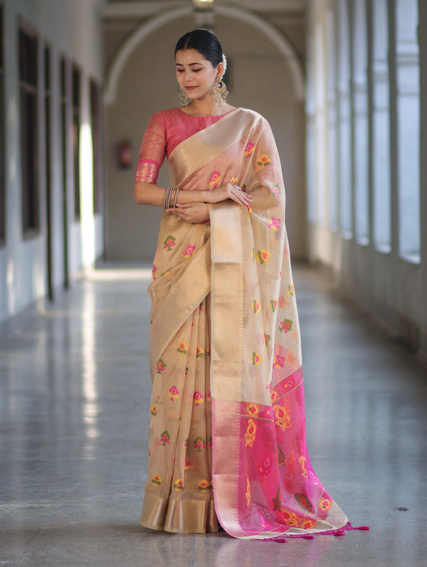 Banarasee Handloom Tissue Saree With Thread Embroidery & Contrast Pallu-Gold & Pink