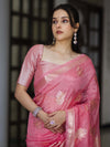 Banarasee Handloom Dupion Silk Saree With Zari Floral Buta Design & Border-Peachy Pink