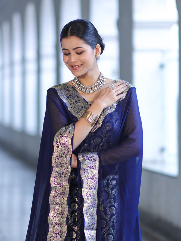 Banarasee Satin Silk Zari Work Salwar Kameez Fabric With Chiffon Dupatta Set-Navy Blue