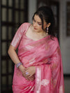 Banarasee Handloom Dupion Silk Saree With Zari Floral Buta Design & Border-Peachy Pink