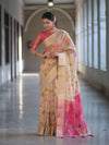 Banarasee Handloom Tissue Saree With Thread Embroidery & Contrast Pallu-Gold & Pink