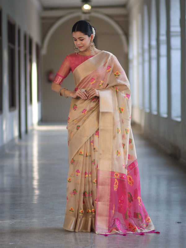 Banarasee Handloom Tissue Saree With Thread Embroidery & Contrast Pallu-Gold & Pink