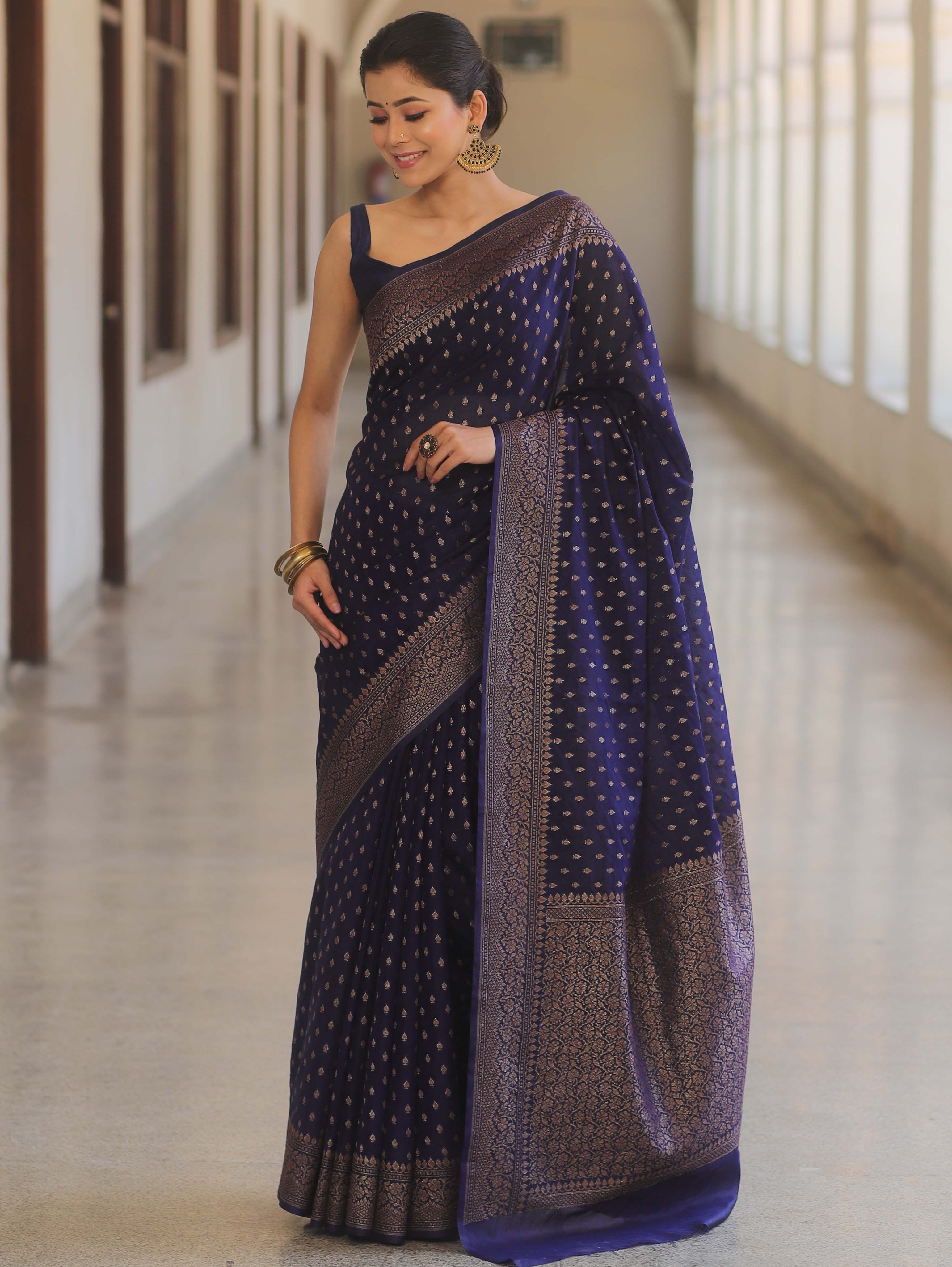 Banarasee Semi-Chiffon Saree With Antique Gold Zari Work-Blue